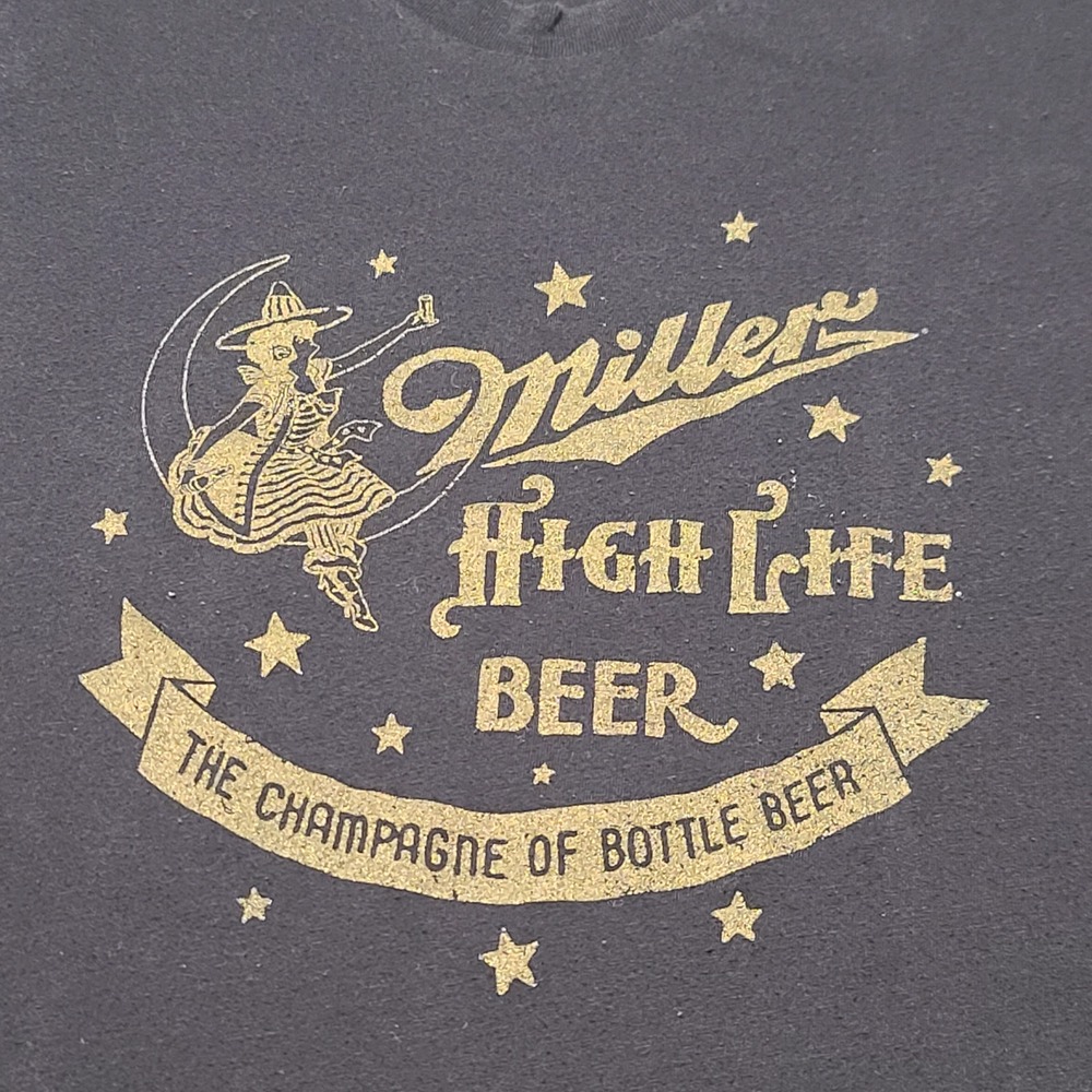 American Apparel Miller High Life T-Shirt Womens Small Black Graphic Scoop Neck